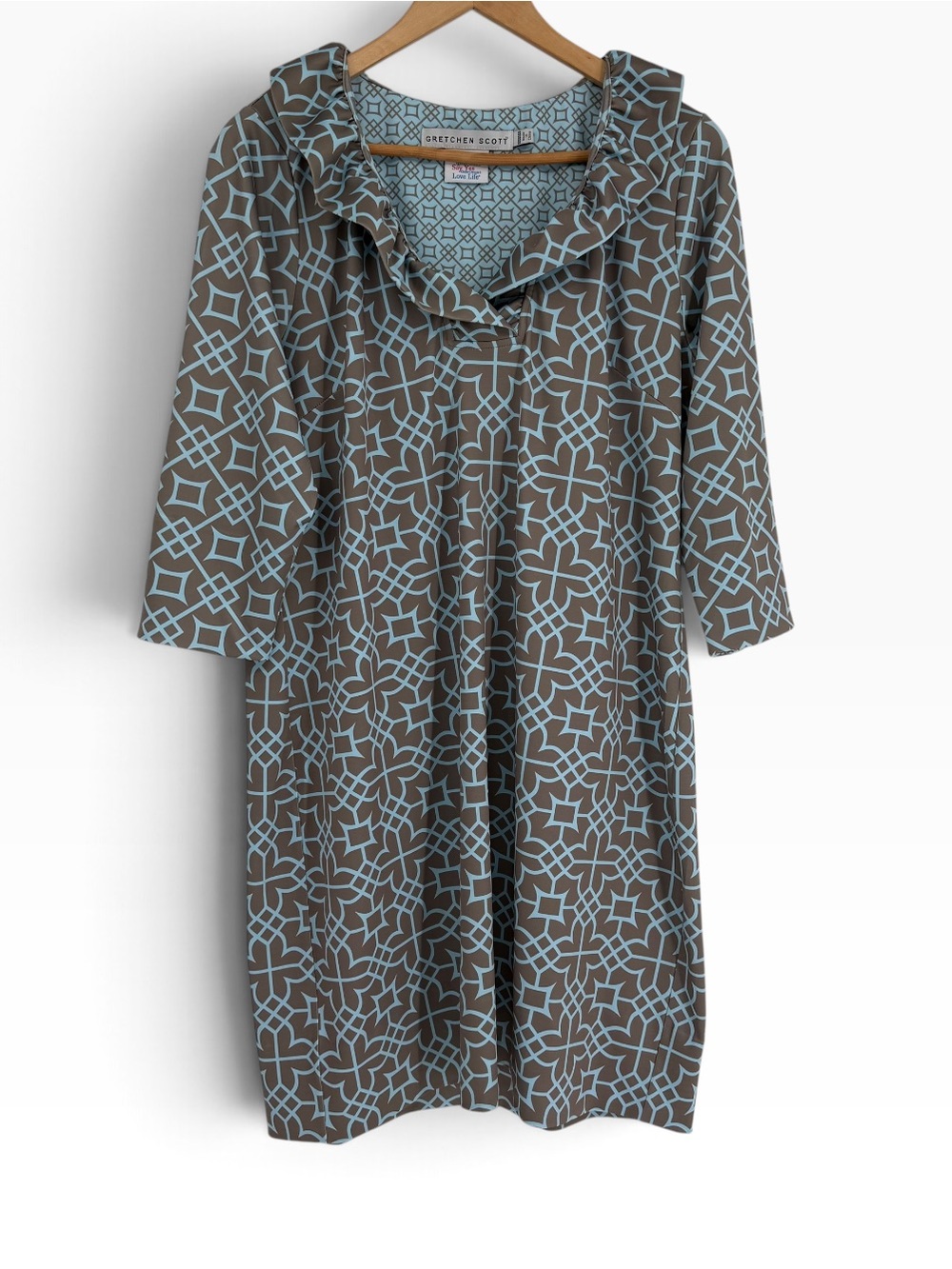 Gretchen Scott Grey Blue Geometric Ruffle 3/4 Sleeve Shift Dress Goddess (16)